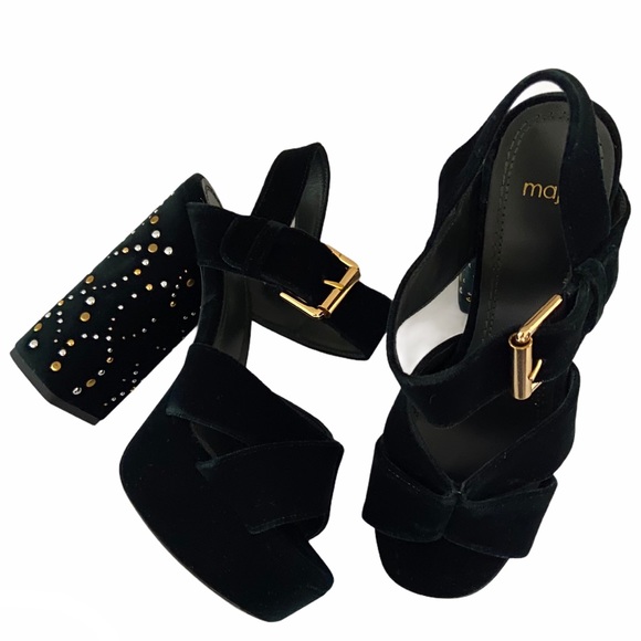 MAJE Studded Dark Green Velvet Platform Sandals - Picture 4 of 16